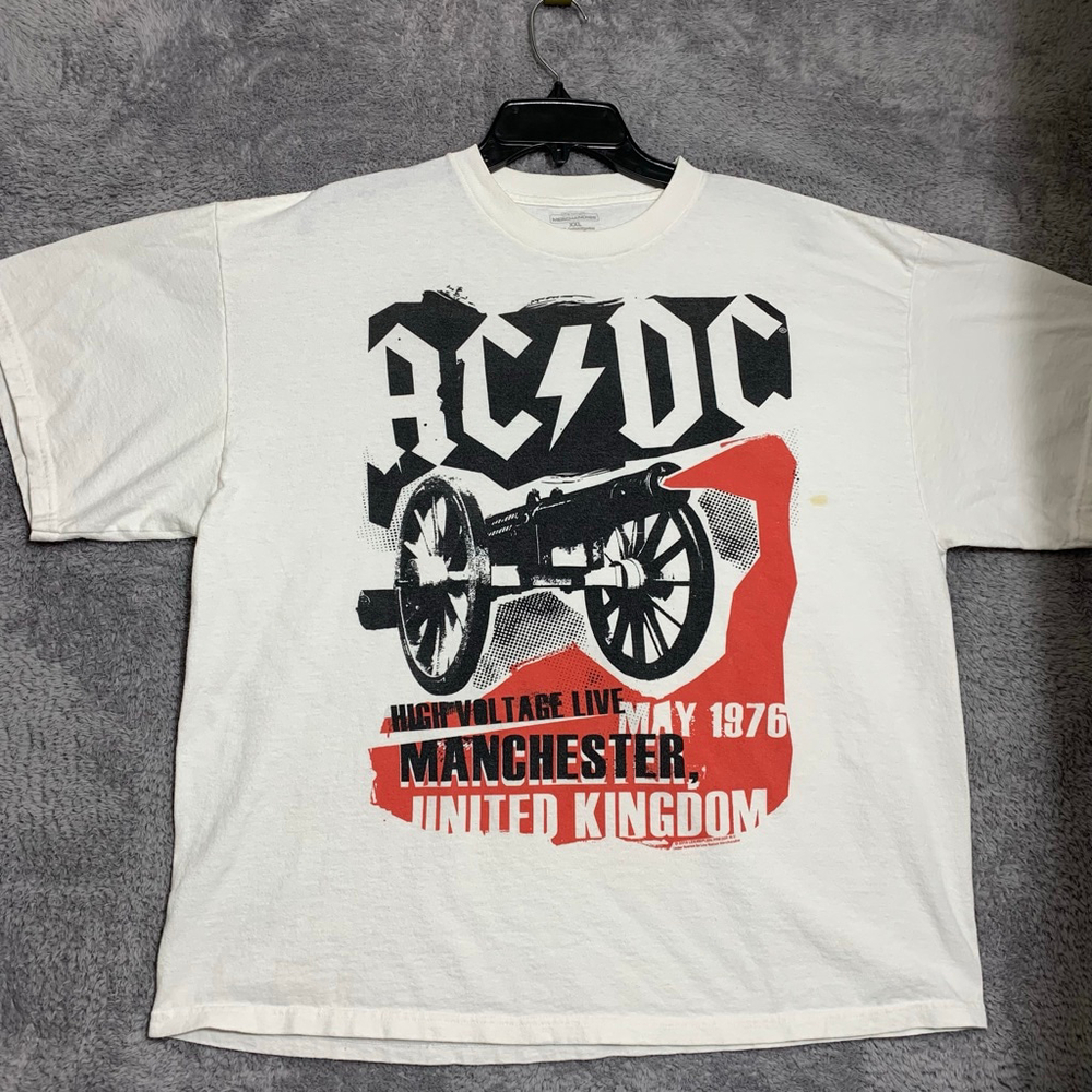 AC/DC‎ Graphic T-Shirt Mens XXL White High Voltage Live Manchester 1976 Cannon